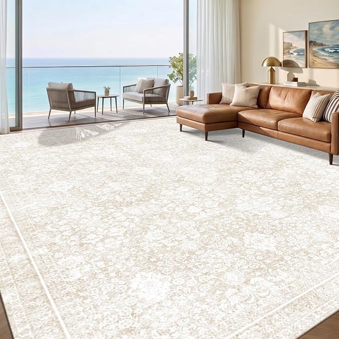 Sasttie 9x12 Area Rug, Ultra-Soft Washable Rug, Low Pile Foldable Thin Carpets with Non-Slip Backing, Skin-Friendly Stain Resistant Carpet for Living Room, Bedroom, Kitchen, Dorm, 9x12, Cream