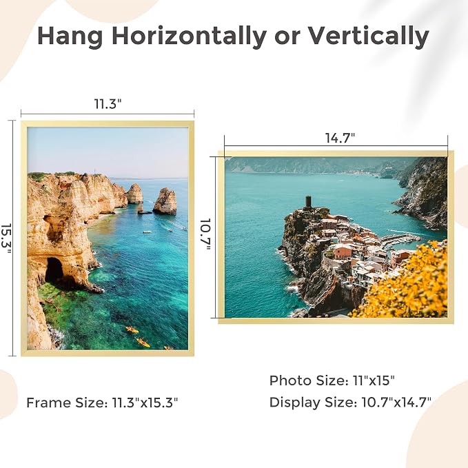 FLYJOE 11x15 Metal Picture Frame - Gold Aluminum Picture Frames with Real Glass, Wall Mounting Horizontally or Vertically, Simple and Elegant Decor for Wall Gallery Poster Photo 15x11 Frame, Gold