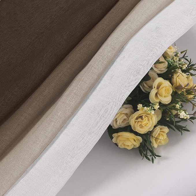 DWCN Faux Linen Ombre Sheer Curtains - Semi Voile Gradient Grommet Top Curtains for Bedroom and Living Room, Set of 2 Window Curtain Panels, 52 x 84 Inches Long, Chocolate Brown