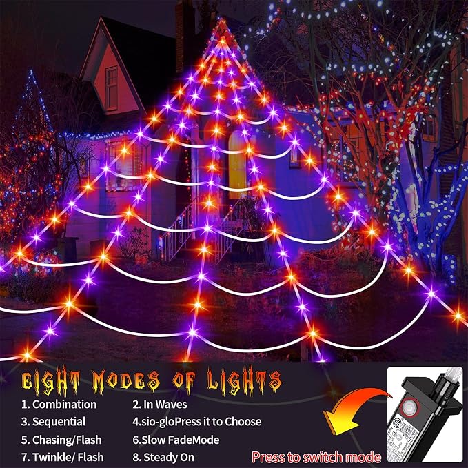 Halloween Giant Spider Web Lights Decorations Outdoor, 16.4Ft 200 LED Lighted Spider Web Light up with 8 Modes for Yard House Decor