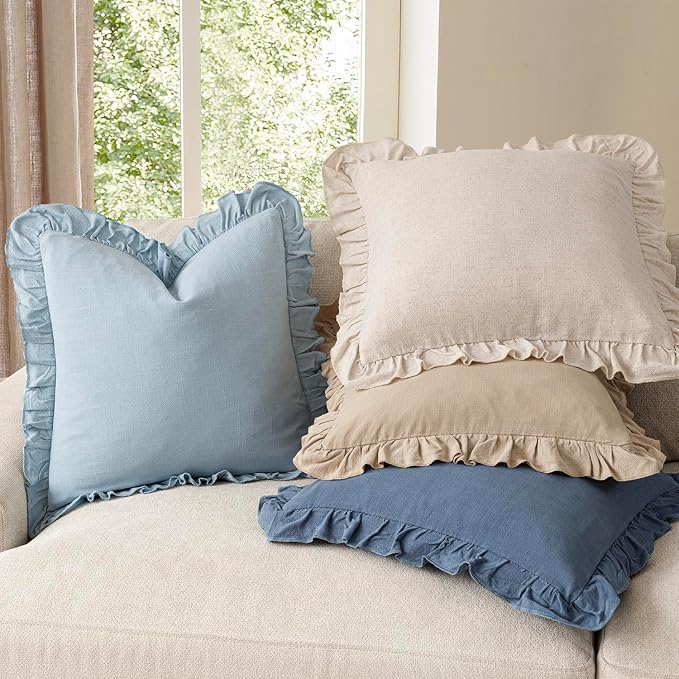 Foindtower Set of 2 Decorative Linen Fringe Ruffle Throw Pillow Covers Soft Boho Farmhouse Cushion Cover Cozy Accent Retro Pillowcase for Couch Sofa Bed Living Room Home Decor,18×18 Inch,Sky Blue