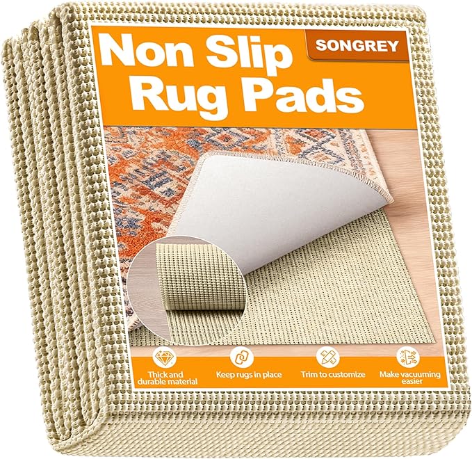 Songrey Non-Slip Rug Pad 5x7 FT, Extra Thick Carpet Pads for Hard Surfaces, Prevents Sliding and Secures Rugs, Provides Floor Protection with Comfort Cushioning, Beige