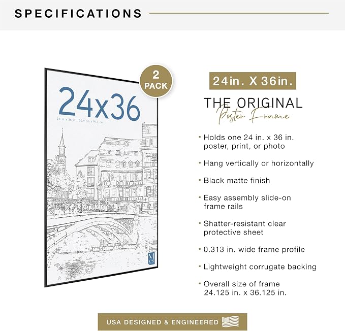 MCS Original Poster Frame 24x36 Black Lightweight Vertical & Horizontal Wall Hanging Large Picture Frame for Posters, Art Prints & Gallery Wall (2-Pack)