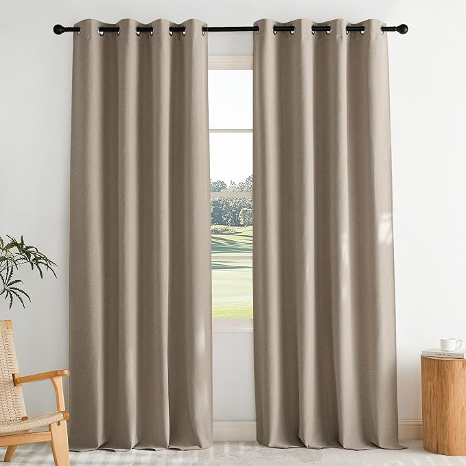 NICETOWN Farmhouse Style 100% Blackout Crisp Faux Linen Curtains 90 inches Long for Living Room, 2 Panels, 52" W, Room Cooling Thermal Insulated Window Draperies for Dining Room, Home Office