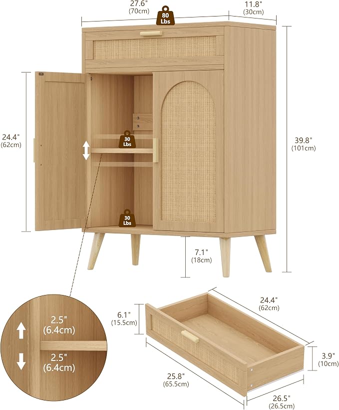 Keehusux Rattan Storage Cabinet with Drawer and 2 Doors, Accent Sideboard Buffet Cabinet with Adjustable Shelf, Solid Wood Feet, Coffee Bar for Kitchen, Living Room, Entryway, Natural Oak