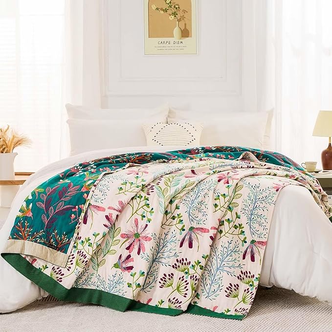 XIBLC Boho Throw Blanket for Bed, 100% Cotton Soft Rustic Quilt Fall Blanket, 60"x80" Floral Printed Farmhouse Decor Bed Blankets, All Season Rustic Reversible Bohemian Throw Quilt