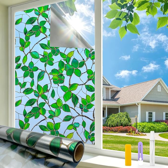 Countewol Privacy Window Film Upgraded 24H Day & Night Privacy Heat Insulation Static Cling Decorative Glass Film(Upgraded UV Greenery,17.5 X 78.7 in)