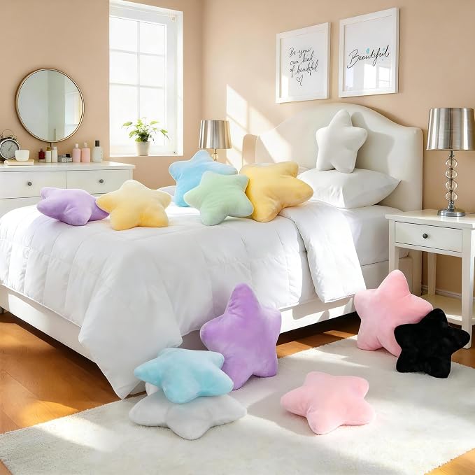 19 Inch Star Shaped Pillow Large Cute Decorative Throw Pillows for Couch Bed Sofa, Aesthetic Soft Faux Fur Floor Cushions for Living Room Bedroom Decor (Light Purple, 19" x 19")