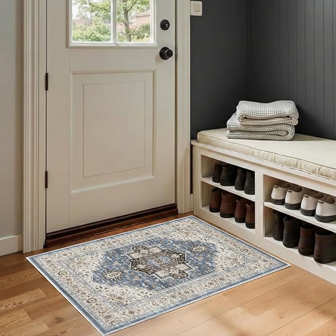 2x3 Rug for Entryway Hallway-Vintage Farmhouse Boho Floral Neutral Washable Stain Resistant Indoor Rugs for Home Decor(Floral Blue)