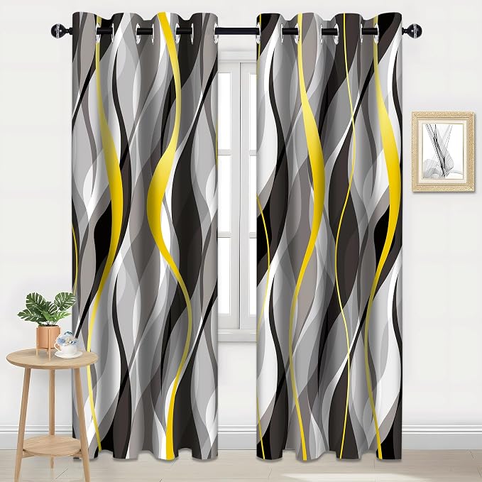 iTapnoom Black Gray Striped Blackout Curtain, Yellow White Abstract Ombre Window Curtains Darkening Thermal Insulated Window Drapes for Living Room Bedroom Decor 2 Panels 52x84 Inches