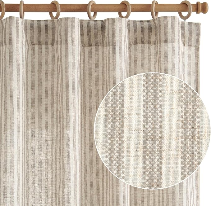 jinchan Linen Curtains 84 Inch Taupe Grey Stripe on Beige Back Tab 2 Panels | Curtains For Living Room Bedroom,Ticking Stripe, Farmhouse Cottage Core Rustic,Rod Pocket Window Treatment,Light Filtering