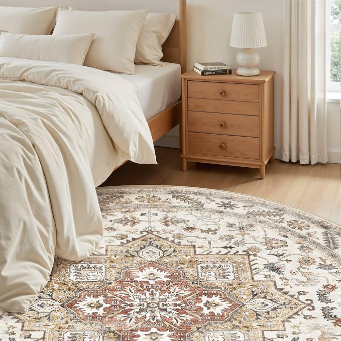 8ft Round Vintage Living Room Area Rug - 8x8 Large Soft Washable Oriental Traditional Distressed Farmhouse Rugs for Bedroom - Indoor Floor Accent Carpet for Home Office House Decor - Golden Taupe