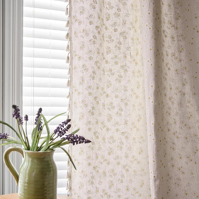 OYX Boho Daisy Curtains 84 Inch,Linen Textured Farmhouse Floral Drapes with Tassels, Light Filtering Semi Sheer Curtains for Living Room Bedroom,2 Panels,52" W Each