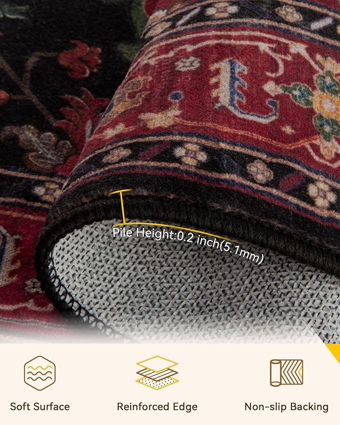 RELEANY Area Rugs Square 10ft Washable Non-Slip, Floral Vintage Distress Medallion Carpet for Living Room Bedroom Dining Room, Red Black