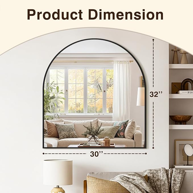 Vanity Bathroom Mirror for Wall, 32”x30” Arched Bathroom Mirror for Over Sink, Arched Metal Frame for Bedroom, Living Room, Entryway, Hanging or Leaning, Black