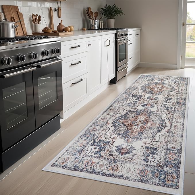 Hallway Washable Runner Rug - 3x6 Kitchen Rugs Entryway Rug Runner Vintage Soft Floor Mat Non Slip Indoor Farmhouse Carpet for Bathroom Living Room Bedroom (3 X 6, Brick)