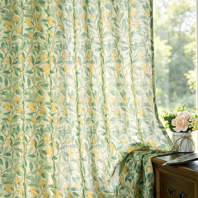 RoomTalks Green Yellow Floral Window Curtains 84 Inches Length 2 Panels, Boho Country Vintage Cute Botanical Fruit Faux Linen Curtain Panels for Bedroom Dining Living Room Dorm Summer Aesthetic Decor