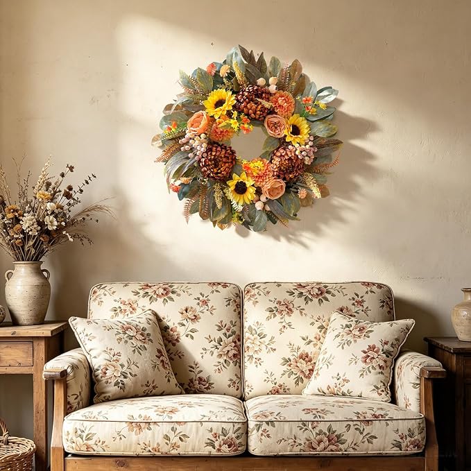 WANNA-CUL 24 Inch Sunflower Fall Front Door Wreath Farmhouse Harvest Decor | Autumn Wreath with Roses Dahlias Pinecones Berries Indoor Outdoor Boho Wall Mantel Table Centerpiece Thanksgiving Decorations