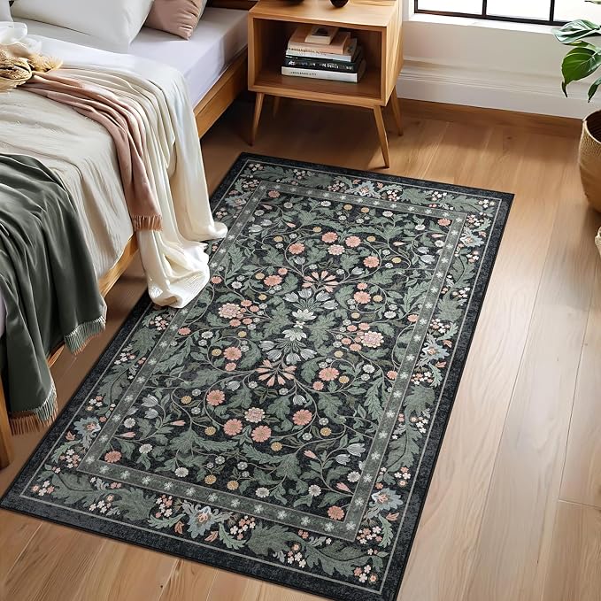 Floral Indoor Entrance 3x5 Area Rug, Washable Vintage Boho Entryway Rugs, Low Pile Non Slip Soft Carpet for Kitchen, Bedroom Beside, Laundry Room, Office Rug, Kids Room, Nursery Room，Black Green