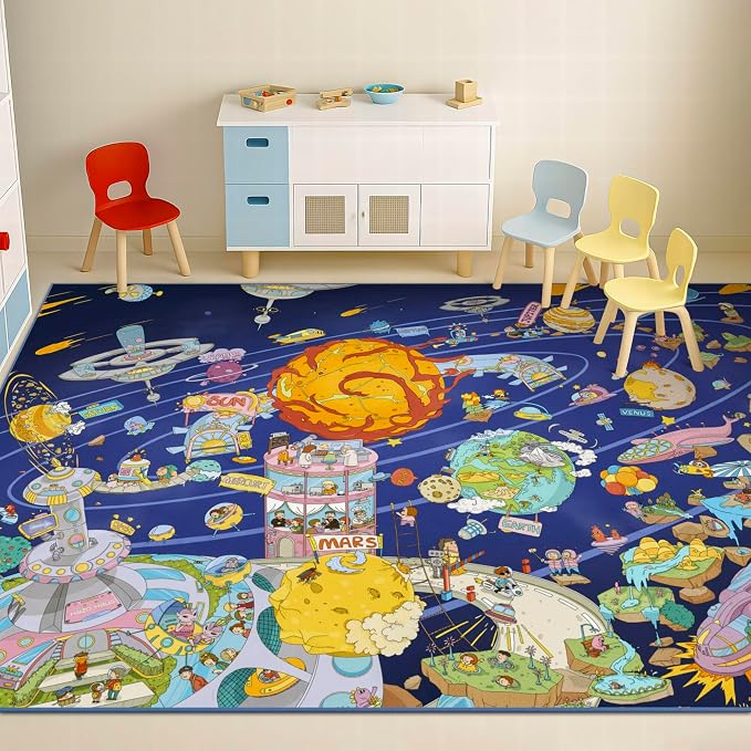 Hazo Haus Galaxy 8x10 Educational Kids Rug for Classroom – Interactive Solar System Design with Planets, Spaceships, Astronauts & Fun Characters – Perfect for STEM Learning & Creative Play Spaces