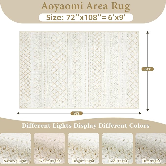 Area Rug for Living Room 6x9: Large Washable Boho Moroccan Rugs Geometric Neutral Rug, Non-Slip Foldable Morden Farmhouse Indoor Floor Carpet for Bedroom Dining Table Home(Beige,6X9)