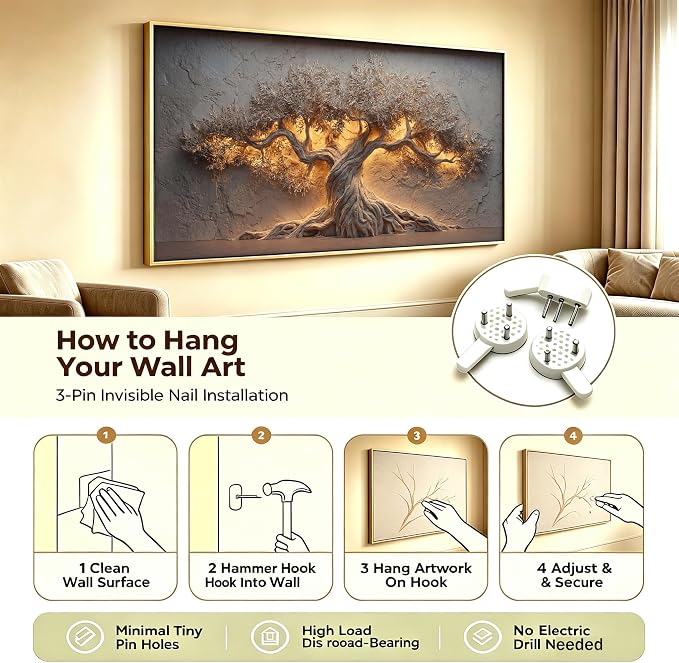 Framed Large Tree of Life Wall Art, Neutral Nature Big Tree Botanical Canvas Print Poster, Rustic Stone Wall Decor for Living Room Bedroom Hotel, Earth Tone,