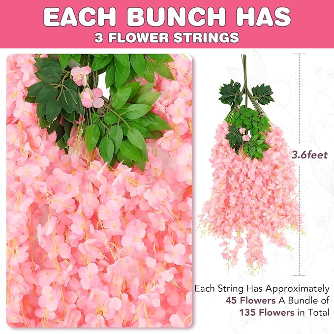 Alotiki 150 Pack Wisteria Hanging Flowers,Fake Hanging Flowers,Wisteria Artificiales Garland for Home Wedding Arch Floral Party Garden Ceremony Outdoor Decor,3.6 Feet Long(150,Pink)