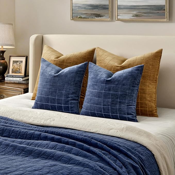 MIULEE Navy Blue Plaid Decorative Throw Pillow Covers 18x18 Set of 2 | Vintage Check Chenille Couch Pillows Neutral Boho Farmhouse Cushion Covers Modern Home Decor for Sofa Bed Living Room