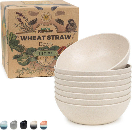 Grow Forward Premium Wheat Straw Bowls - 20oz Microwave Safe Plastic Cereal Bowls Set of 8 for Kitchen, Camping, RV, Dessert, Snack, Soup, Salad, Fruit - Reusable, Unbreakable & BPA Free - Sahara