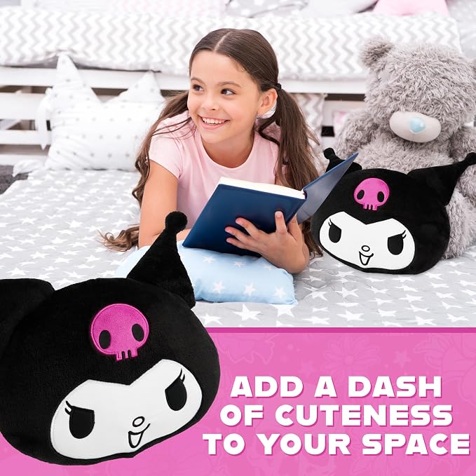 Hello Kitty Sanrio Plush Cushion Pillow, Plush Throw Pillow Fluffy Cushion Kawaii Decor Cinnamoroll Kuromi, Gifts for Teens, Women (Black Kuromi, L12.4 x W11)