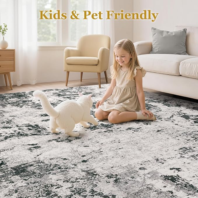 9x12 Area Rugs for Living Room - Washable Living Room Rug 9x12, Large Abstract Modern Neutral Soft Carpet with Non-Slip Backing, Stain Resistant for Bedroom Dining Indoor Decor (Dark Grey)