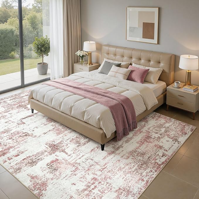 Area Rugs 5x7 Living Room: Washable Large Abstract Modern Neutral Soft Rug Stain Resistant Non-Slip Backing Carpet for Bedroom Dining Room Indoor Nursery Dorm Home Office Decor - Pink