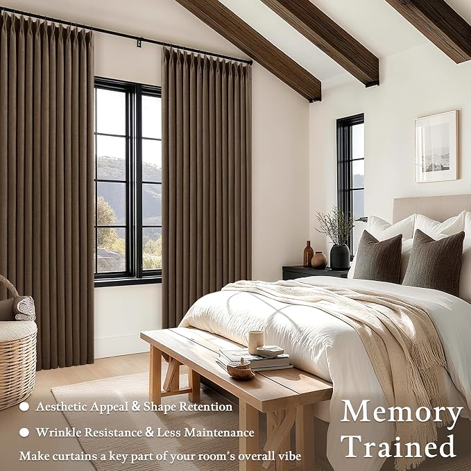 80 Inch Brown Linen Blackout Curtains for Living Room 100% Black Out Pinch Pleat Hooks for Living Room Back Tab Thick Linen Textured Pleated Drapes Light Blocking Loden Bedroom Window Curtains