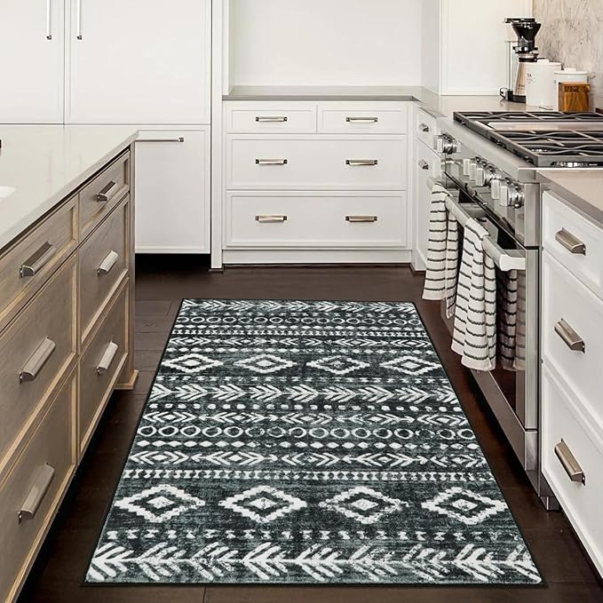 Lahome Boho Moroccan Kitchen Rugs, 4x6 Washable Black White Bedroom Area Rug Low-Pile Soft Office Rug, Non-Slip Tribal Print Pattern Large Entry Rug Indoor Carpet for Living Room Laundry