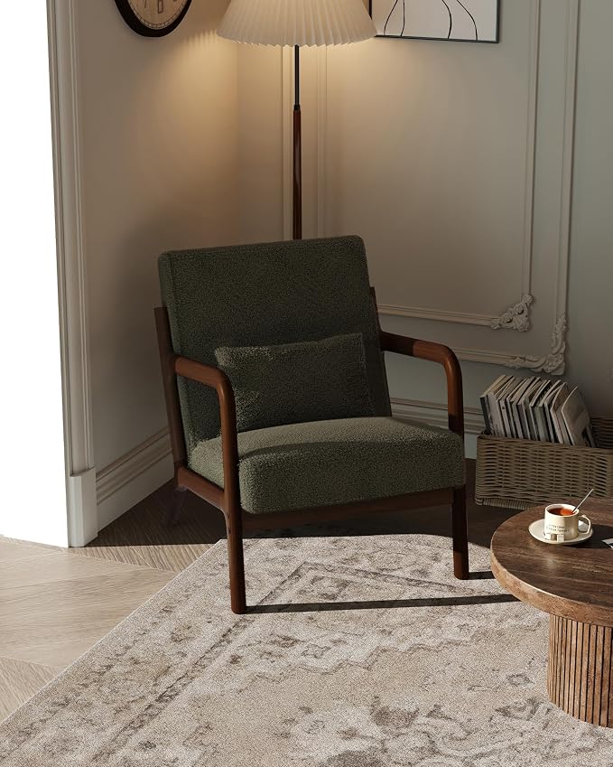Garvee Mid-Century Modern Accent Chair, Sherpa Upholstery, Solid Wood Armchair with Removable Lumbar Pillow, Sturdy Reading Chair for Living Room, Bedroom, Guest Room, Easy Assembly, Green