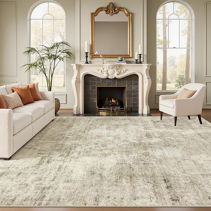 Soalmost Washable Area Rug 8x12, Large Soft Rugs for Living Room Vintage Beige Gray Carpet 8x12 Area Rugs for Bedroom Dining Room Non-Slip Stain Resistant Under Table Rug
