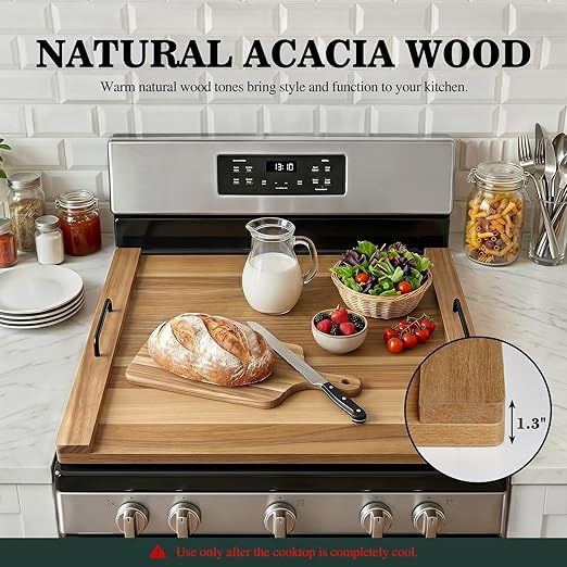 Noodle Board Stove Cover with 4 Adjustable Feet, 30" x 22" Acacia Wood Stove Top Cover for Gas Stove, Electric & Induction - Extra Counter Space, Serving Tray & Charcuterie Board for RV& Kitchen