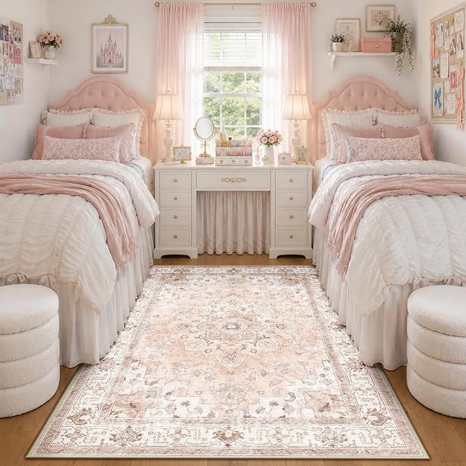 CAPALOCA Machine Washable Rugs Nursery Rug 4x6 Cute Girl Non Slip Low Pile Water Repellent Soft Print Pattern for Bedroom Indoor Decor Kids Playroom Pink
