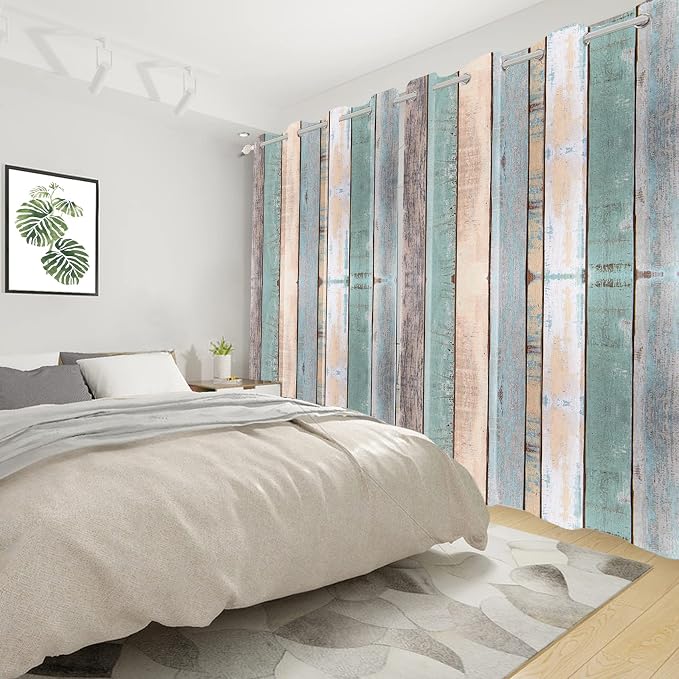Rustic Wood Barn Door Curtains Kitchen Curtains Vintage Farm Style Colorful Wooden Planks Window Curtains Wood Boards Room Darkening Window Drapes for Living Room Bedroom,53x96 inch,2 Panels