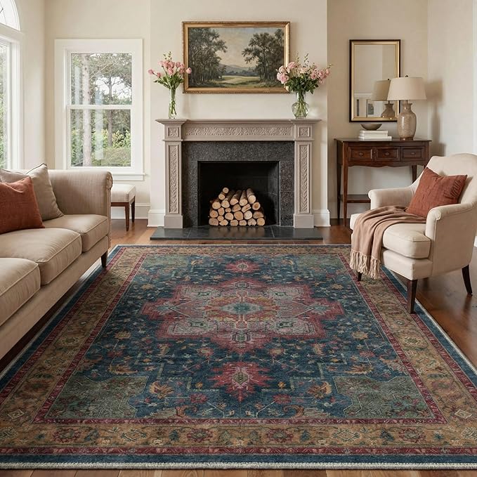 GENIMO Area Rug 2x3 Doormat, Machine Washable Low Pile Rugs, Small Retro Entryway Mat for Entrance, Hallway, Kitchen and Corridor, Teal Burgundy