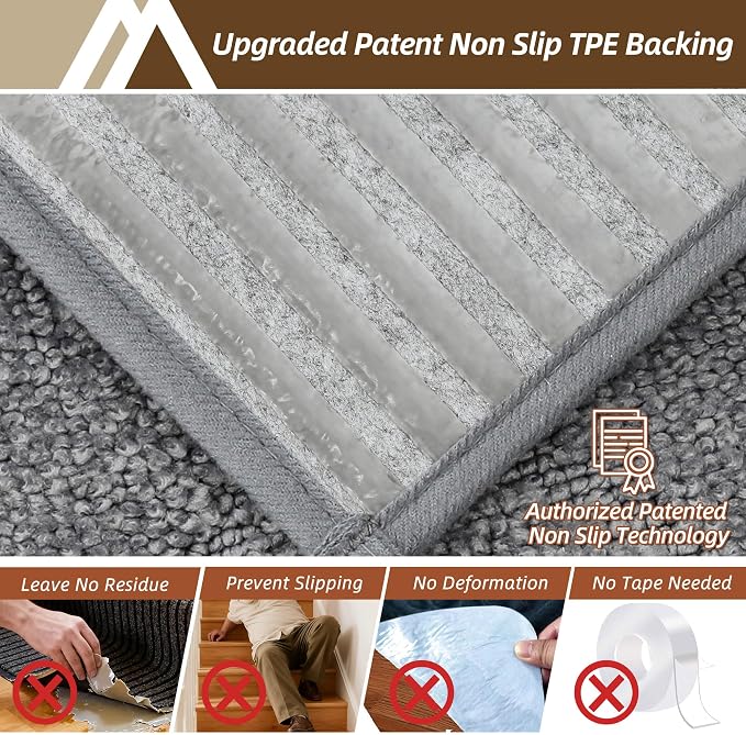 COSY HOMEER Stair Treads for Wooden Steps 9"x28" Washable Indoor Carpet Stair Treads Non Slip Soft Polyester Stair Carpet Tread Reusable Stair Runner Rugs for Kids, Elders,Pets,Medium Grey,7pcs
