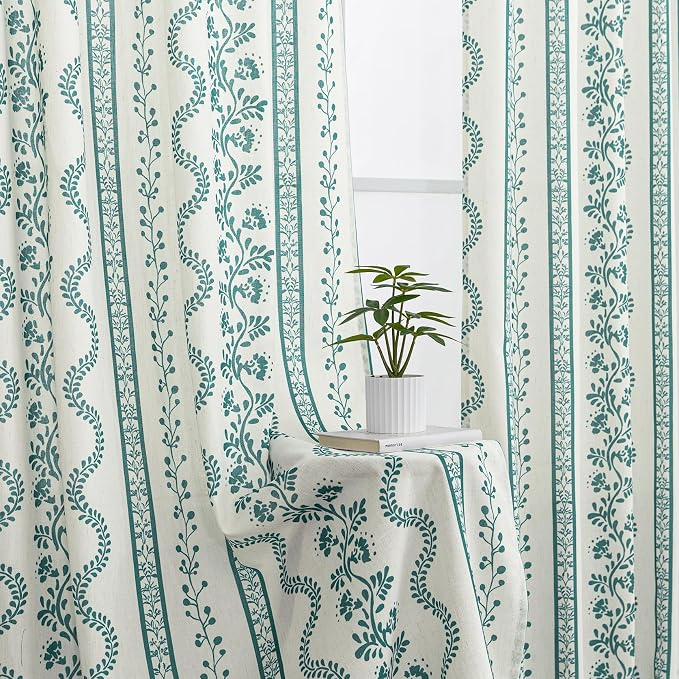 Teal Beach Theme Sheer Curtains, Summer Coastal Boho Farmhouse Linen Beachy Curtains for Bedroom Living Room Lake House 84 Inches Long