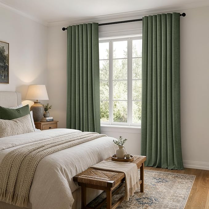 MIULEE 100% Blackout Linen Curtains for Bedroom, Olive Green Solid Luxury Decor Thermal Insulation Room Darkening Drapes for Living Room Back Tab Rod Pocket 42 x 72 Inches, 2 Panels