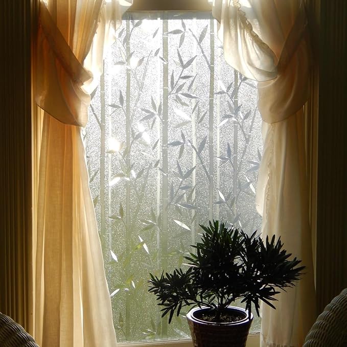 Lemon Cloud Window Privacy Film, Stained Glass Window Film Static Cling, Bamboo Decorative Frosting Opaque Coverings, Day and Night Privacy Removable Sun Heat Blocking for Home Office, 23.6" x 157.4"