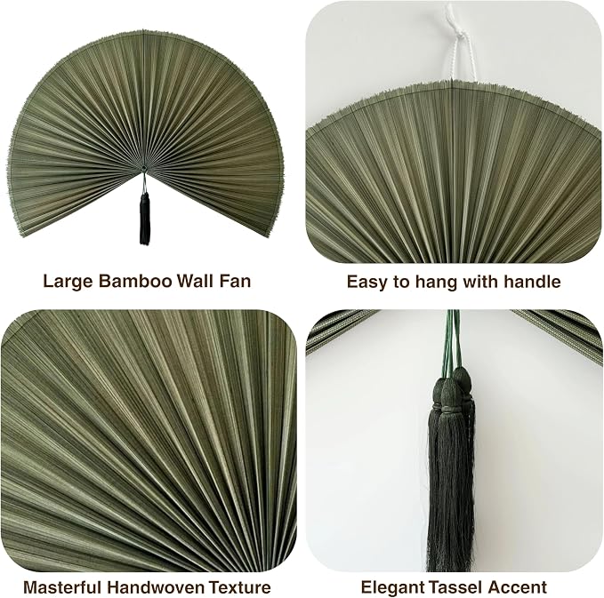 SUCHUBU Large Green Wall Fan Decor, 47" Handcrafted Bamboo Art, Japanese Style Hanging Fan, Vibrant Asian Wall Decor, Aesthetic Farmhouse Greenery Accent, Mounting Hook Included (Green, Large)