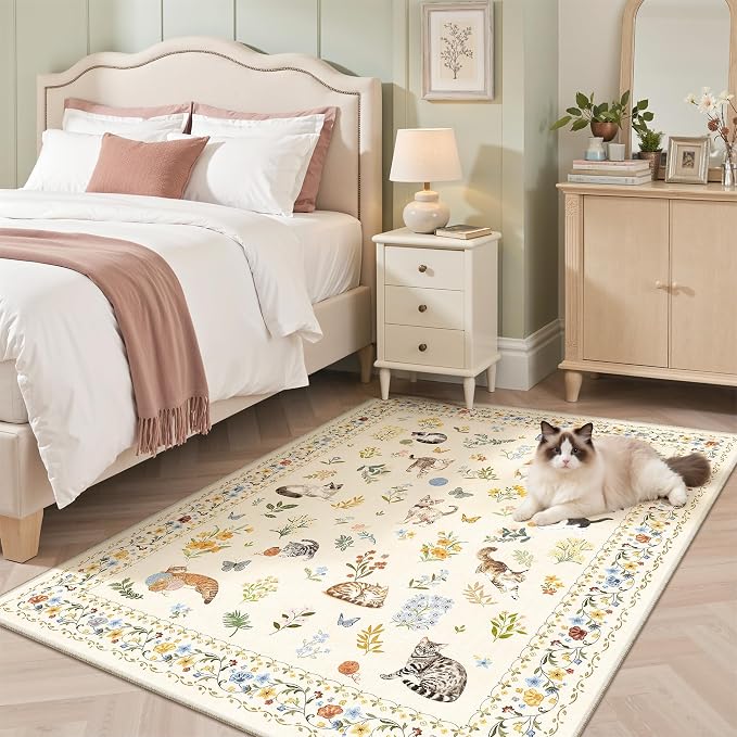Soalmost Cat 3x5 Area Rugs for Entryway, Machine Washable Animal Floral Accent Rug Non-Slip Low Pile Soft Throw Rugs for Kitchen Bedside Living Room Bedroom Kids Room (3 x 5,Beige)