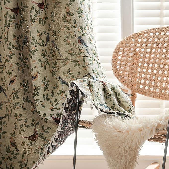 ENJOYBRIDAL Floral 96 Inch Curtains for Bedroom Jacquard Drapes Bird Patterned Semi Sheer Boho Long Window Curtains Living Room 2 Panels Farmhouse Rod Pocket Light Filtering Decor Window Treatments