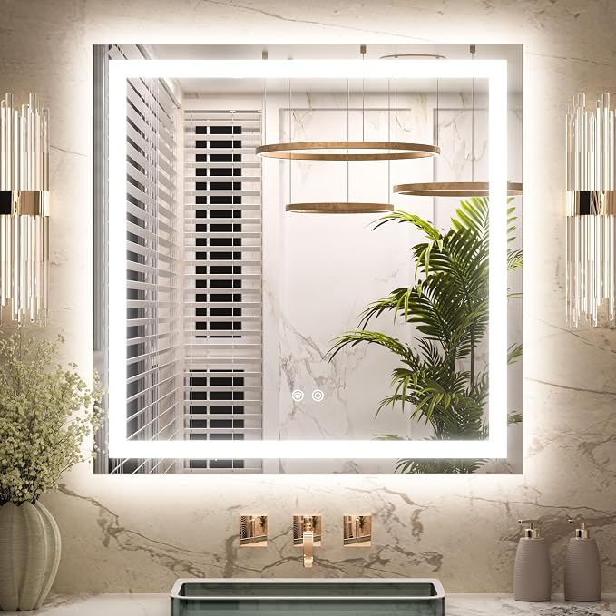 Keonjinn LED Bathroom Mirror 30 ” x 30 ” with Frontlit & Backlit, Lighted Mirror for Bathroom Wall with Dimmable 3-Color Lights, Anti-Fog Mirror with HD Tempered Glass, UL-Listed LED Driver