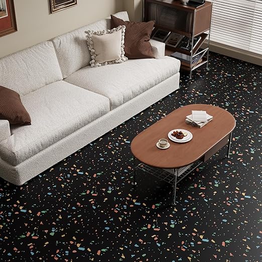 VaryPaper 20 Pack 12"x12" Colorful Black Terrazzo Floor Tiles Peel and Stick Waterproof Self Adhesive Vinyl Tile Flooring Sticky Tiles for Floor Bathroom Removable Temporary Flooring for Renters