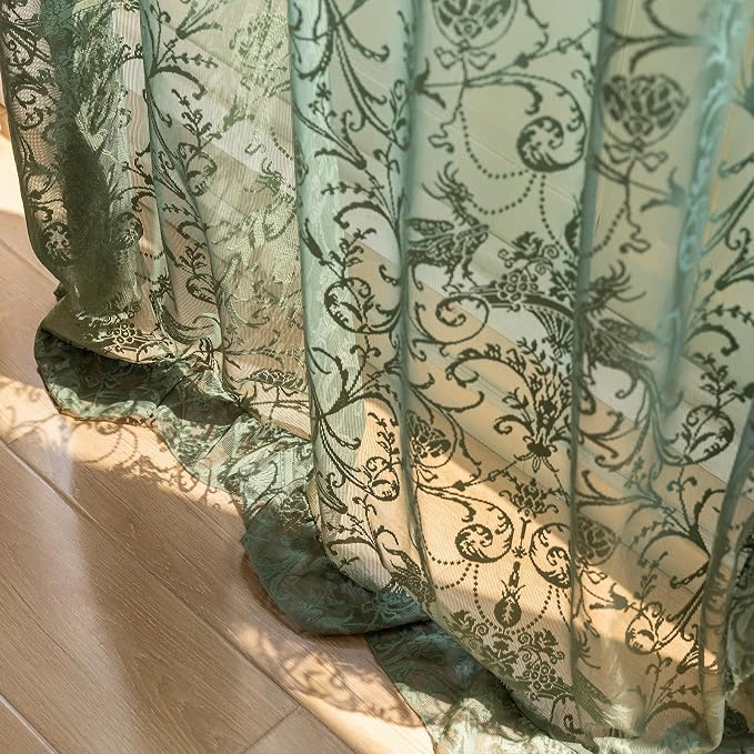 TUDECO Green Sheer Curtains 108 Inch Long for Living Room - Shabby Chic Lace Floral Ruffled Curtains Elegant Knitted Privacy Rod Pocket Emerald Green Spring/Summer Decor1 Pair, 59 x 108 Inch